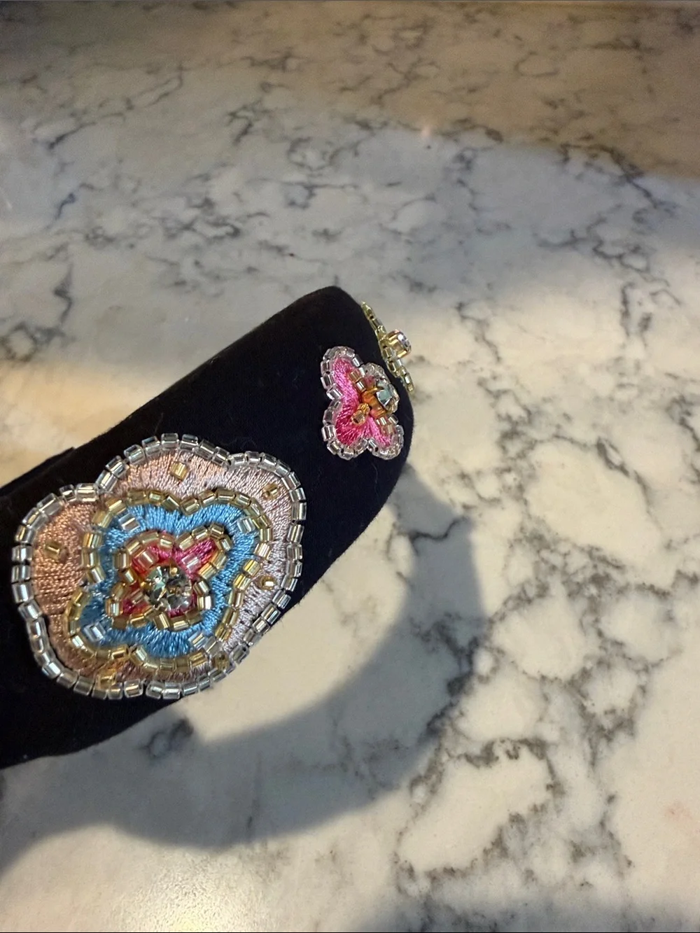 Mignonne Gavigan Black Velvet Headband with Multicolor Beaded Floral Accents